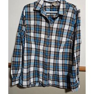 Duluth Trading Co Women's Size M Flannel Shirt Teal Tan Plaid